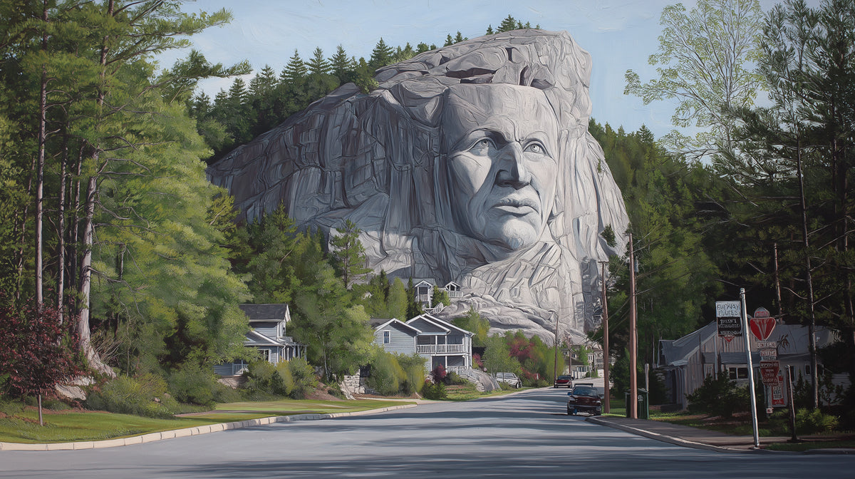 Majestic Cliff Face Portrait Overlooking Village | Epic Realist Landscape Mural