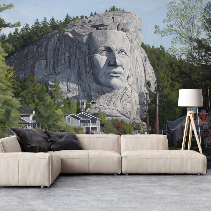 Majestic Cliff Face Portrait Overlooking Village | Epic Realist Landscape Mural