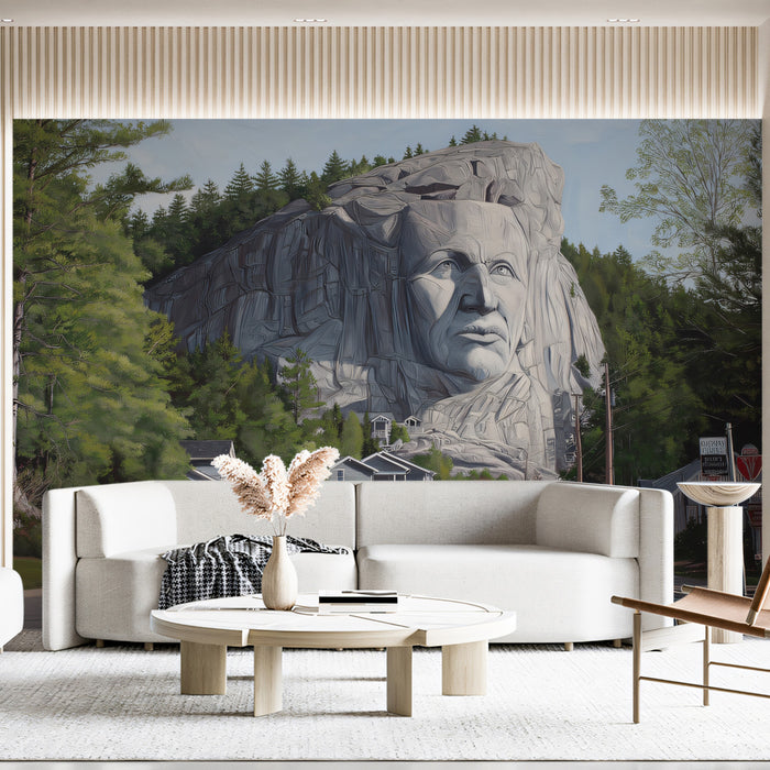 Majestic Cliff Face Portrait Overlooking Village | Epic Realist Landscape Mural
