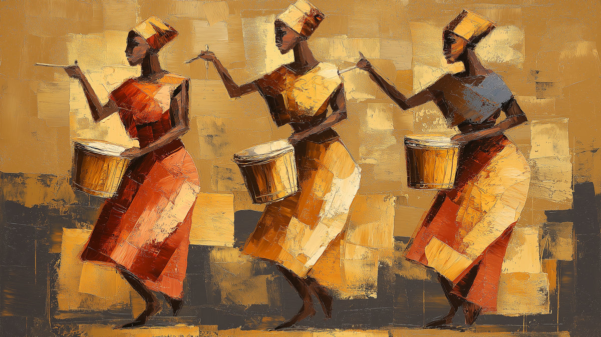 Trio of African Drummers Oil Painting Mural | Rhythmic Ethnic Art Wallpaper
