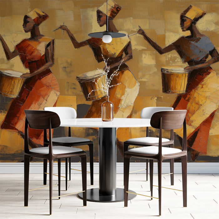 Trio of African Drummers Oil Painting Mural | Rhythmic Ethnic Art Wallpaper