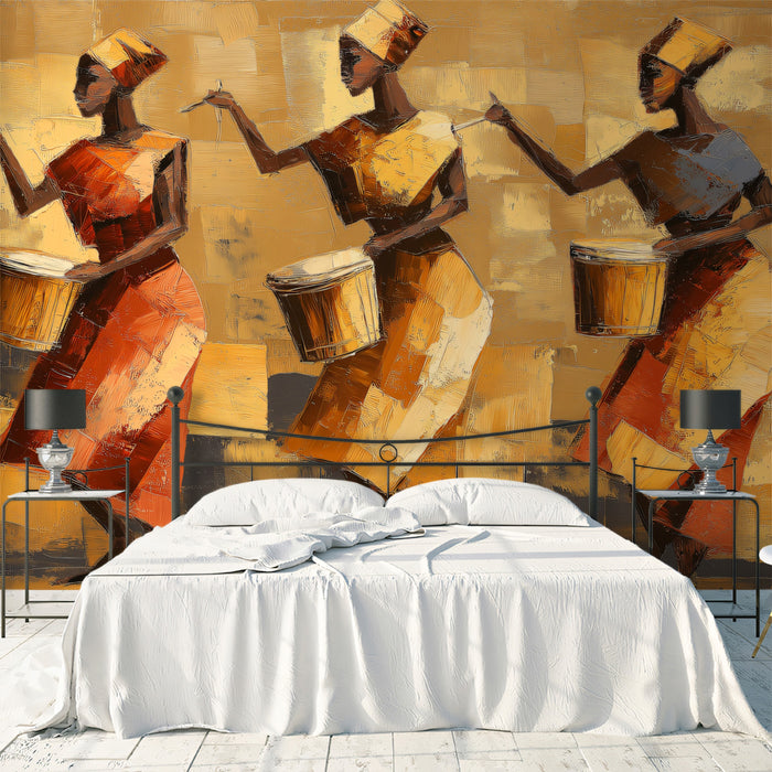Trio of African Drummers Oil Painting Mural | Rhythmic Ethnic Art Wallpaper