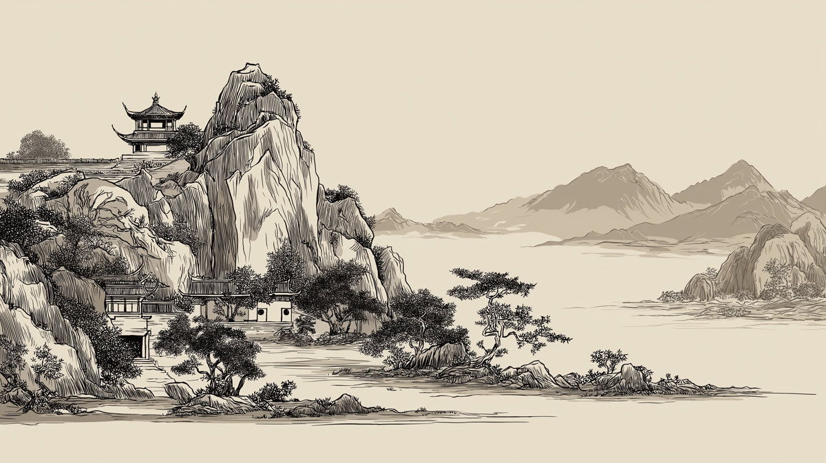 Minimalist Zen Ink Landscape Mural | Traditional Asian Brush Art Wallpaper