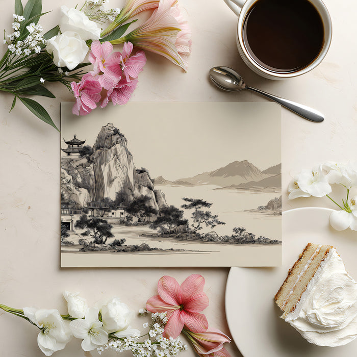 Minimalist Zen Ink Landscape Mural | Traditional Asian Brush Art Wallpaper