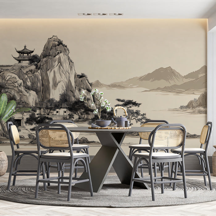 Minimalist Zen Ink Landscape Mural | Traditional Asian Brush Art Wallpaper