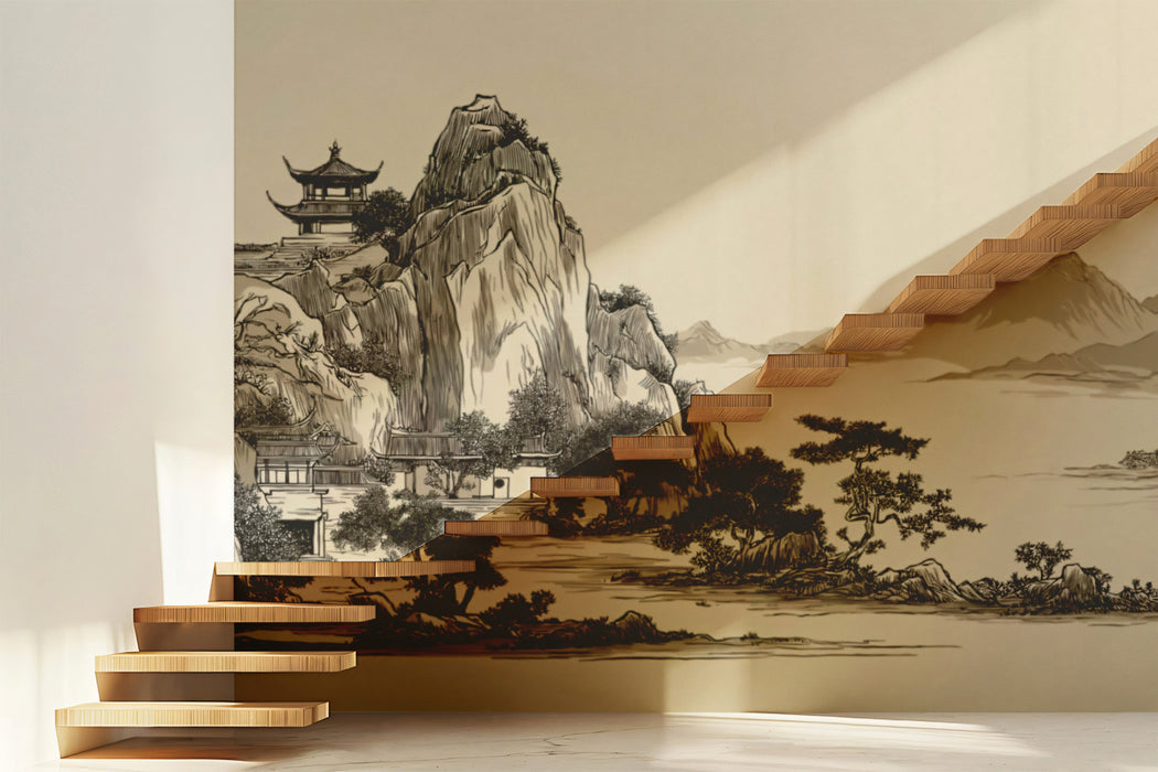 Minimalist Zen Ink Landscape Mural | Traditional Asian Brush Art Wallpaper