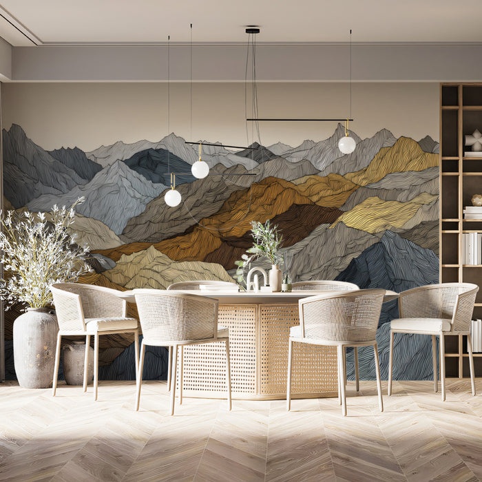 Abstract Topographical Mountain Line Mural | Modern Earth Tone Geometry Wallpaper
