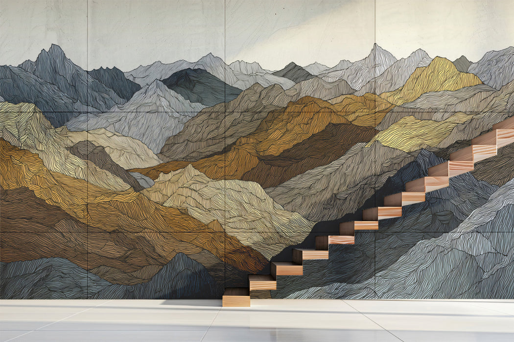 Abstract Topographical Mountain Line Mural | Modern Earth Tone Geometry Wallpaper