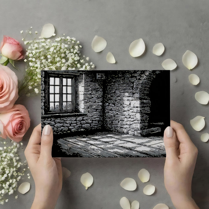 Sketch Style Stone Interior with Window Mural | Artistic Black and White Shadow Art