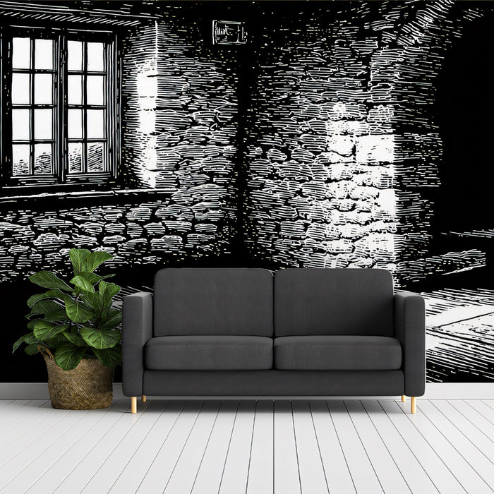 Sketch Style Stone Interior with Window Mural | Artistic Black and White Shadow Art