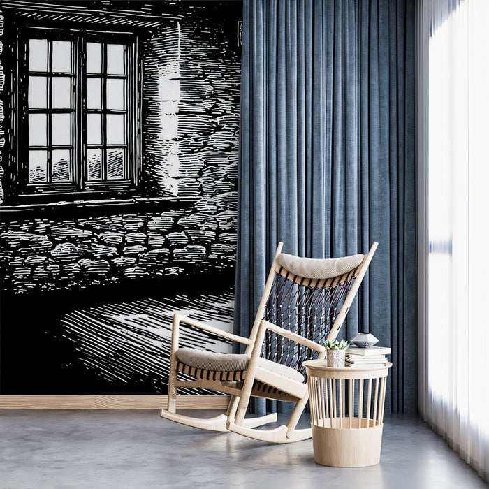 Sketch Style Stone Interior with Window Mural | Artistic Black and White Shadow Art
