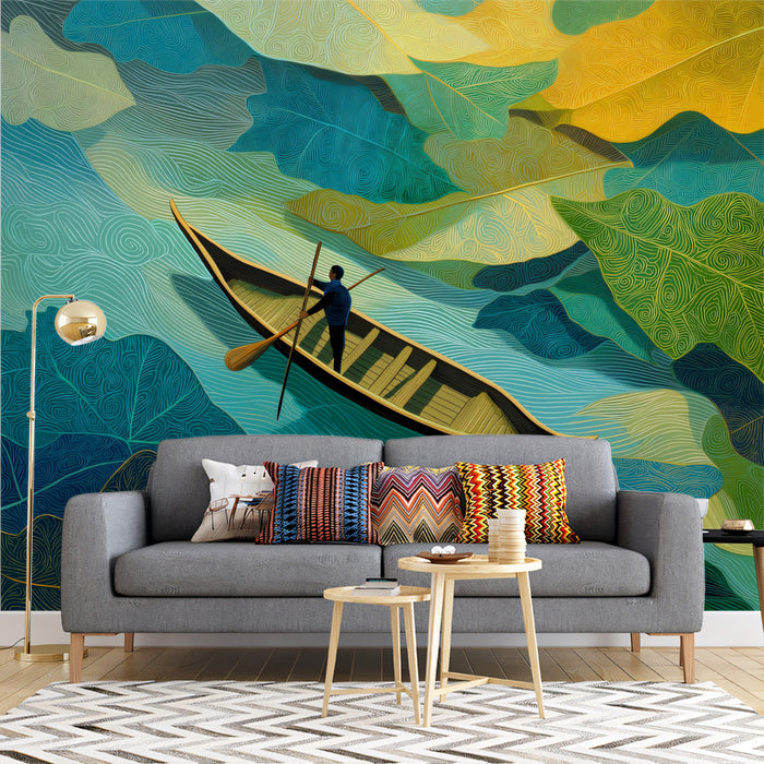 Surreal Boat in Giant Leaf River Mural | Colorful Botanical Narrative Art