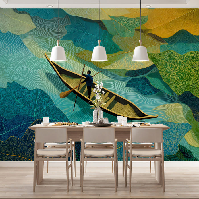 Surreal Boat in Giant Leaf River Mural | Colorful Botanical Narrative Art