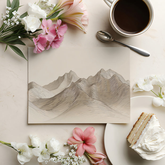 Minimalist Topographical Peak Outline Mural | Elegant Neutral Line Art Wallpaper