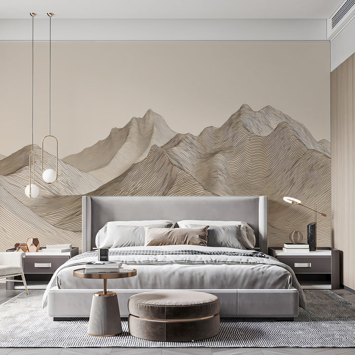 Minimalist Topographical Peak Outline Mural | Elegant Neutral Line Art Wallpaper