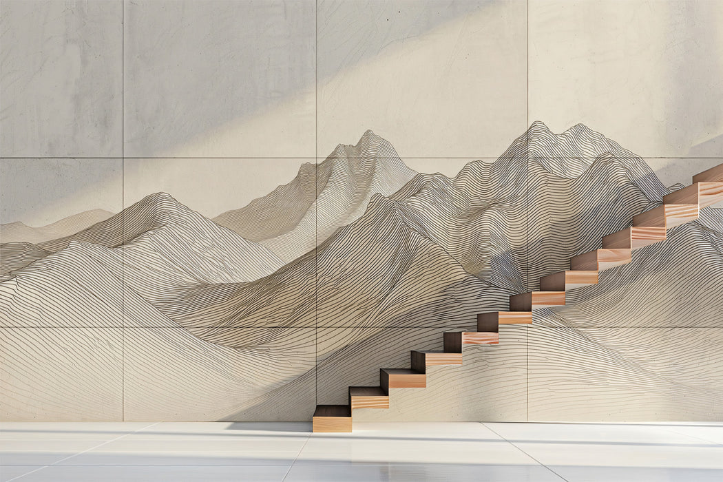 Minimalist Topographical Peak Outline Mural | Elegant Neutral Line Art Wallpaper