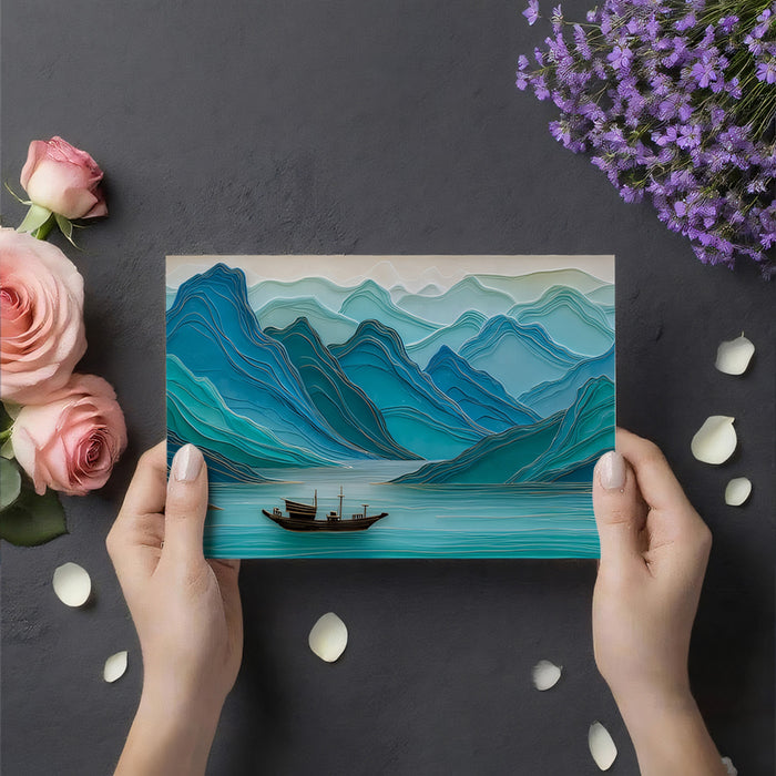 3D Layered Emerald Mountainscape Wall Mural | Luxury Textured Relief Style & Golden Sea Vista