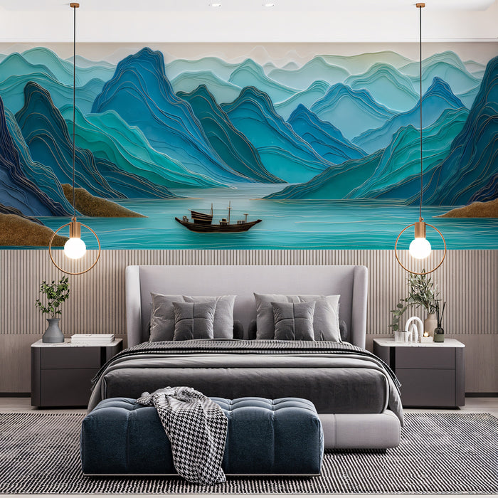 3D Layered Emerald Mountainscape Wall Mural | Luxury Textured Relief Style & Golden Sea Vista