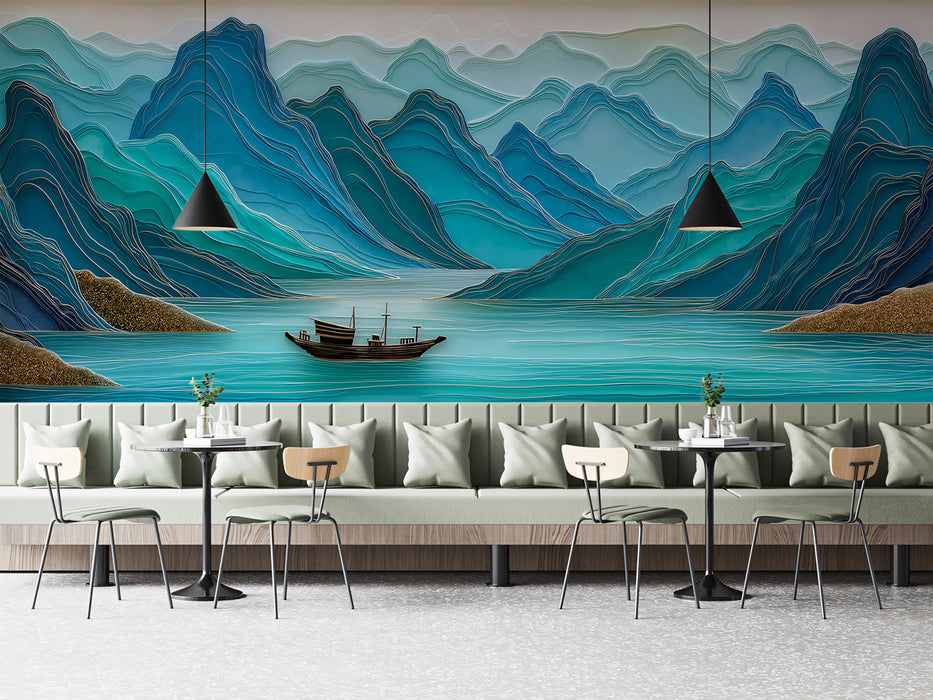 3D Layered Emerald Mountainscape Wall Mural | Luxury Textured Relief Style & Golden Sea Vista