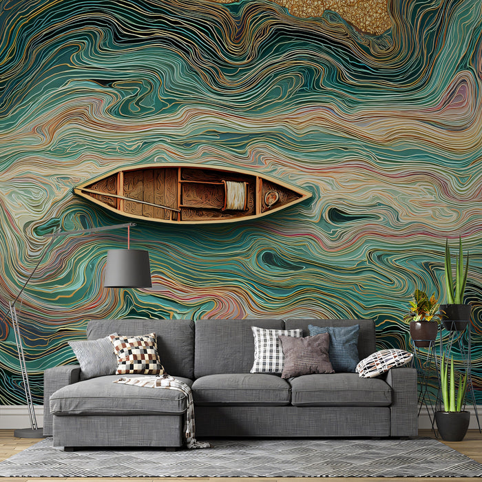 Abstract Fluid Swirl River Wall Mural | Vibrant Teal & Gold Marble Texture Luxury Feature Wall