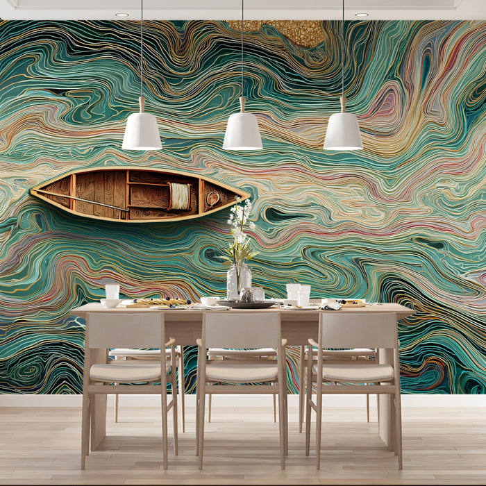 Abstract Fluid Swirl River Wall Mural | Vibrant Teal & Gold Marble Texture Luxury Feature Wall