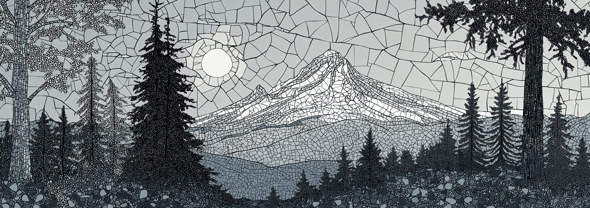 Monochrome Mosaic Mountain Peaks Wall Mural | Vintage Stained Glass Effect & Geometric Stone Art