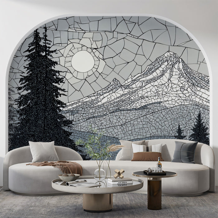Monochrome Mosaic Mountain Peaks Wall Mural | Vintage Stained Glass Effect & Geometric Stone Art