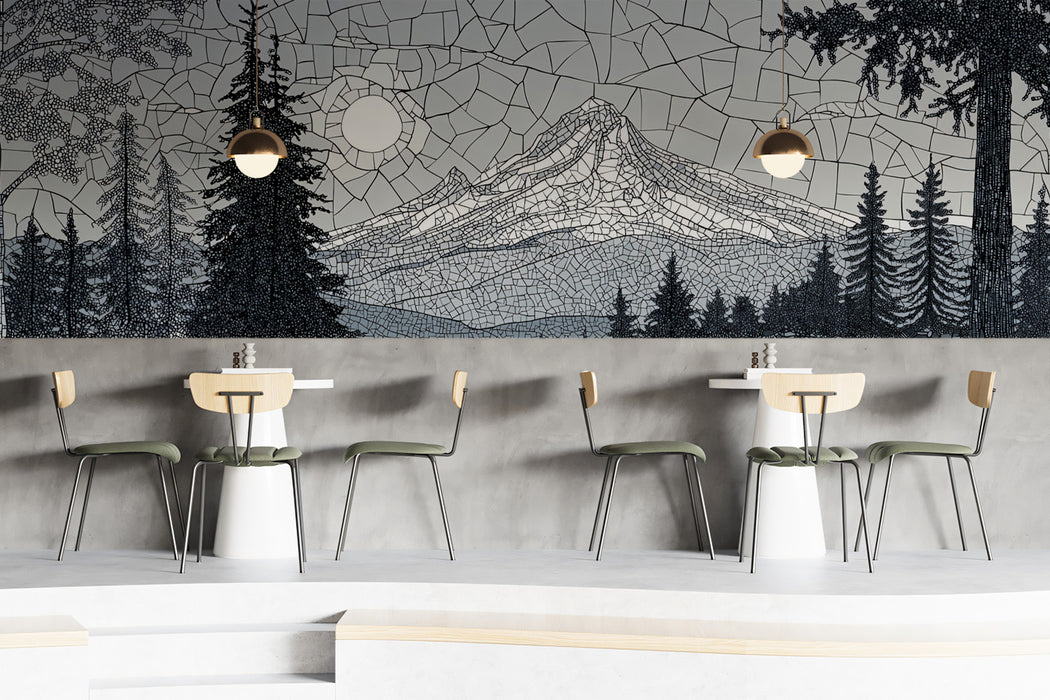 Monochrome Mosaic Mountain Peaks Wall Mural | Vintage Stained Glass Effect & Geometric Stone Art