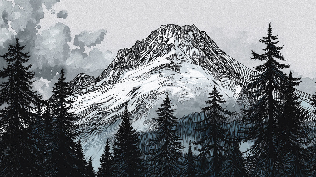 Dramatic Ink Sketch Alps & Pine Forest Wall Mural | Nordic Cold-Style Nature & Monochrome Art Background