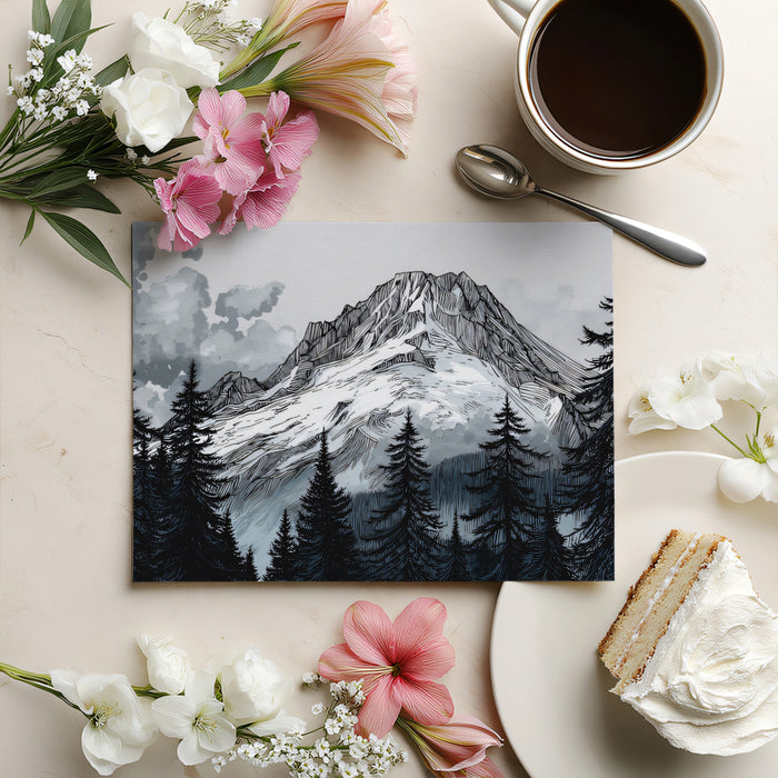 Dramatic Ink Sketch Alps & Pine Forest Wall Mural | Nordic Cold-Style Nature & Monochrome Art Background