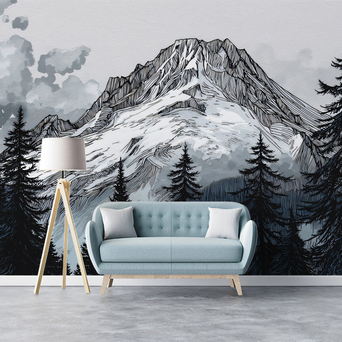 Dramatic Ink Sketch Alps & Pine Forest Wall Mural | Nordic Cold-Style Nature & Monochrome Art Background
