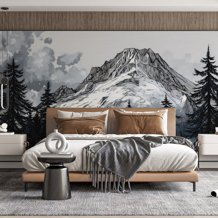Dramatic Ink Sketch Alps & Pine Forest Wall Mural | Nordic Cold-Style Nature & Monochrome Art Background
