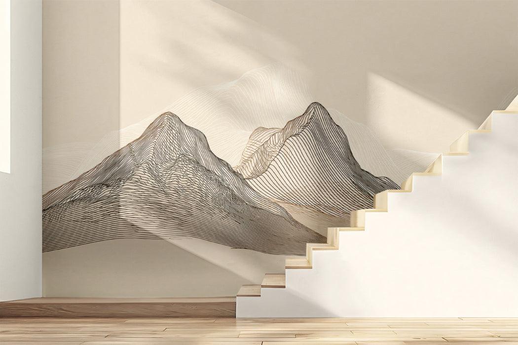 Topographic Line Art Mountains Wall Mural | Minimalist Cream Style & Serene Sand-Tone Textured Design