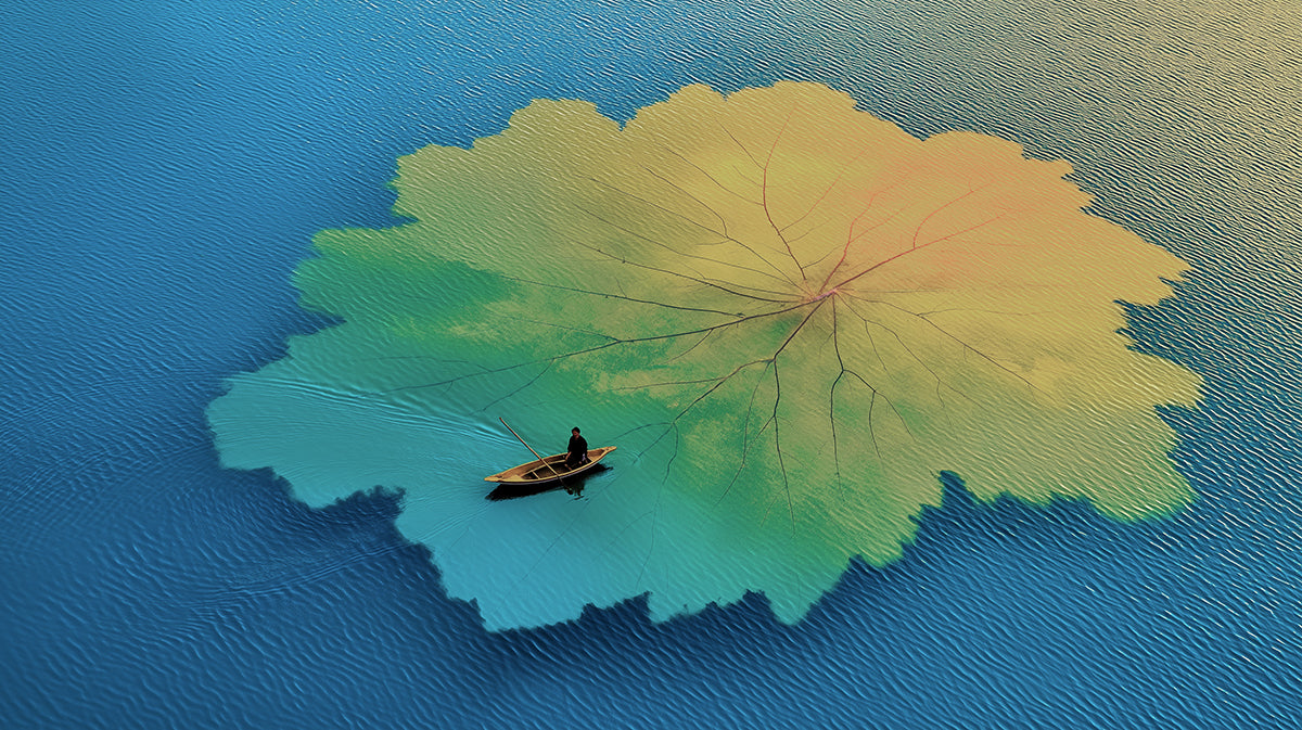 Surreal Giant Lotus Reflection Wall Mural | Avant-Garde Emerald Lake & Dreamy Solitary Voyager Art