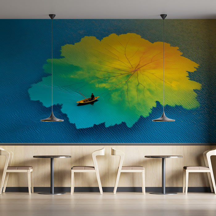 Surreal Giant Lotus Reflection Wall Mural | Avant-Garde Emerald Lake & Dreamy Solitary Voyager Art