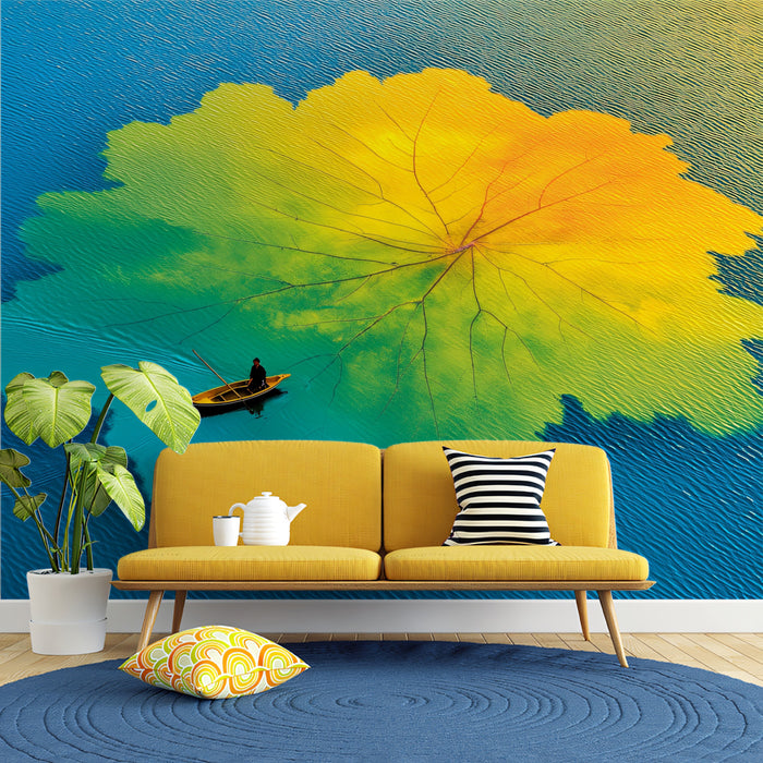 Surreal Giant Lotus Reflection Wall Mural | Avant-Garde Emerald Lake & Dreamy Solitary Voyager Art