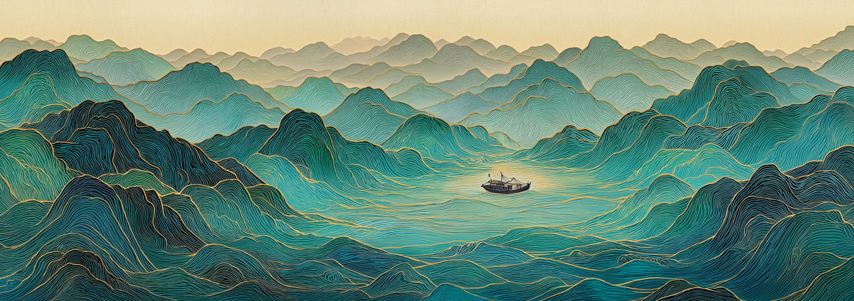 Ethereal Topographic Peak Flow Wall Mural | Modern Zen Teal & Gold Fluid Landscape Decor