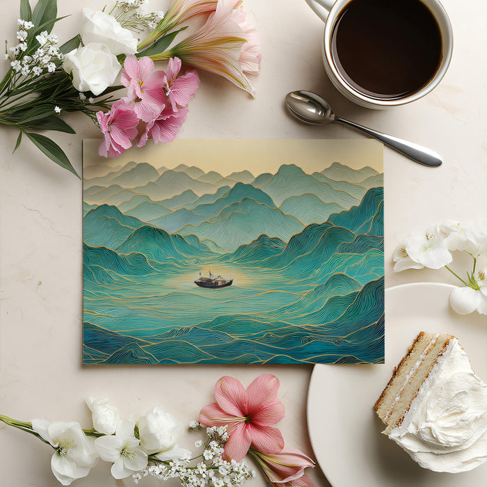 Ethereal Topographic Peak Flow Wall Mural | Modern Zen Teal & Gold Fluid Landscape Decor
