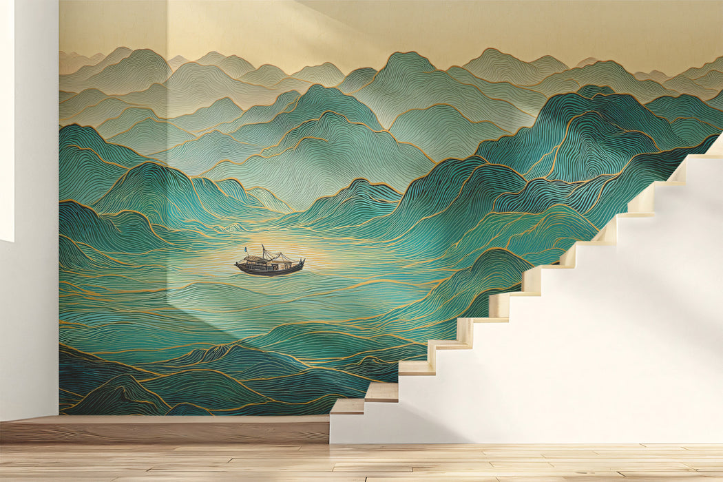 Ethereal Topographic Peak Flow Wall Mural | Modern Zen Teal & Gold Fluid Landscape Decor