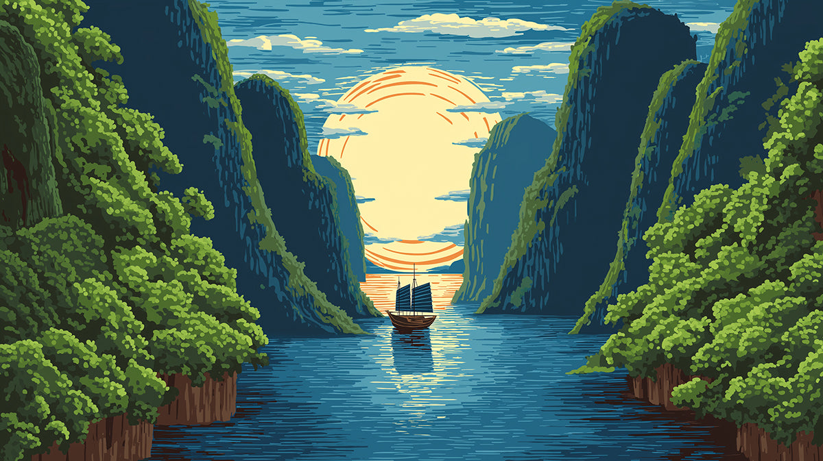 Vintage Sunrise Over Karst Mountains Wall Mural | Traditional Woodblock Style & Golden Era Oriental Art