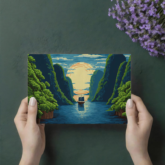 Vintage Sunrise Over Karst Mountains Wall Mural | Traditional Woodblock Style & Golden Era Oriental Art