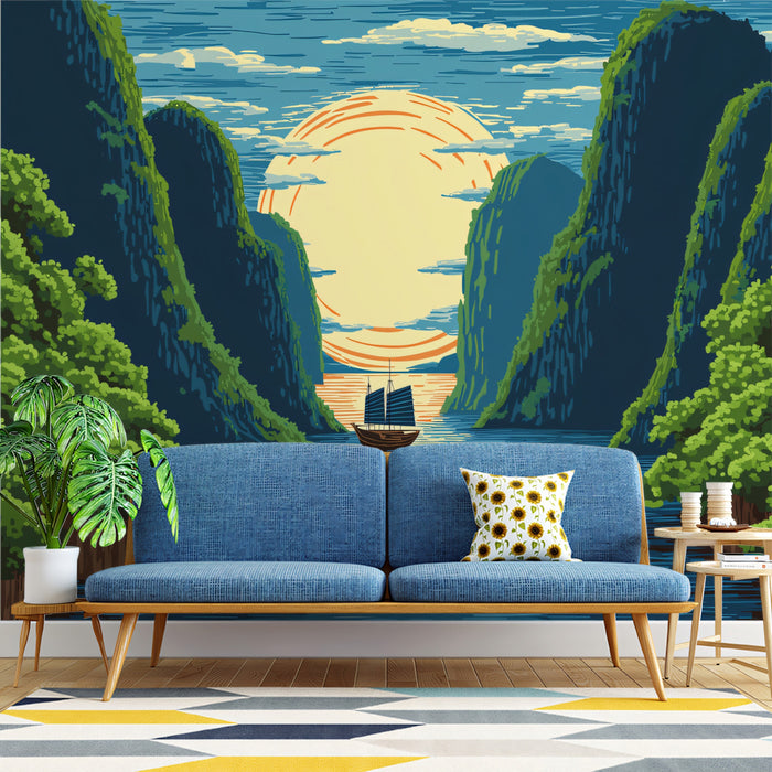 Vintage Sunrise Over Karst Mountains Wall Mural | Traditional Woodblock Style & Golden Era Oriental Art
