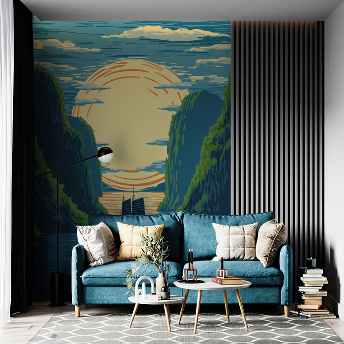 Vintage Sunrise Over Karst Mountains Wall Mural | Traditional Woodblock Style & Golden Era Oriental Art