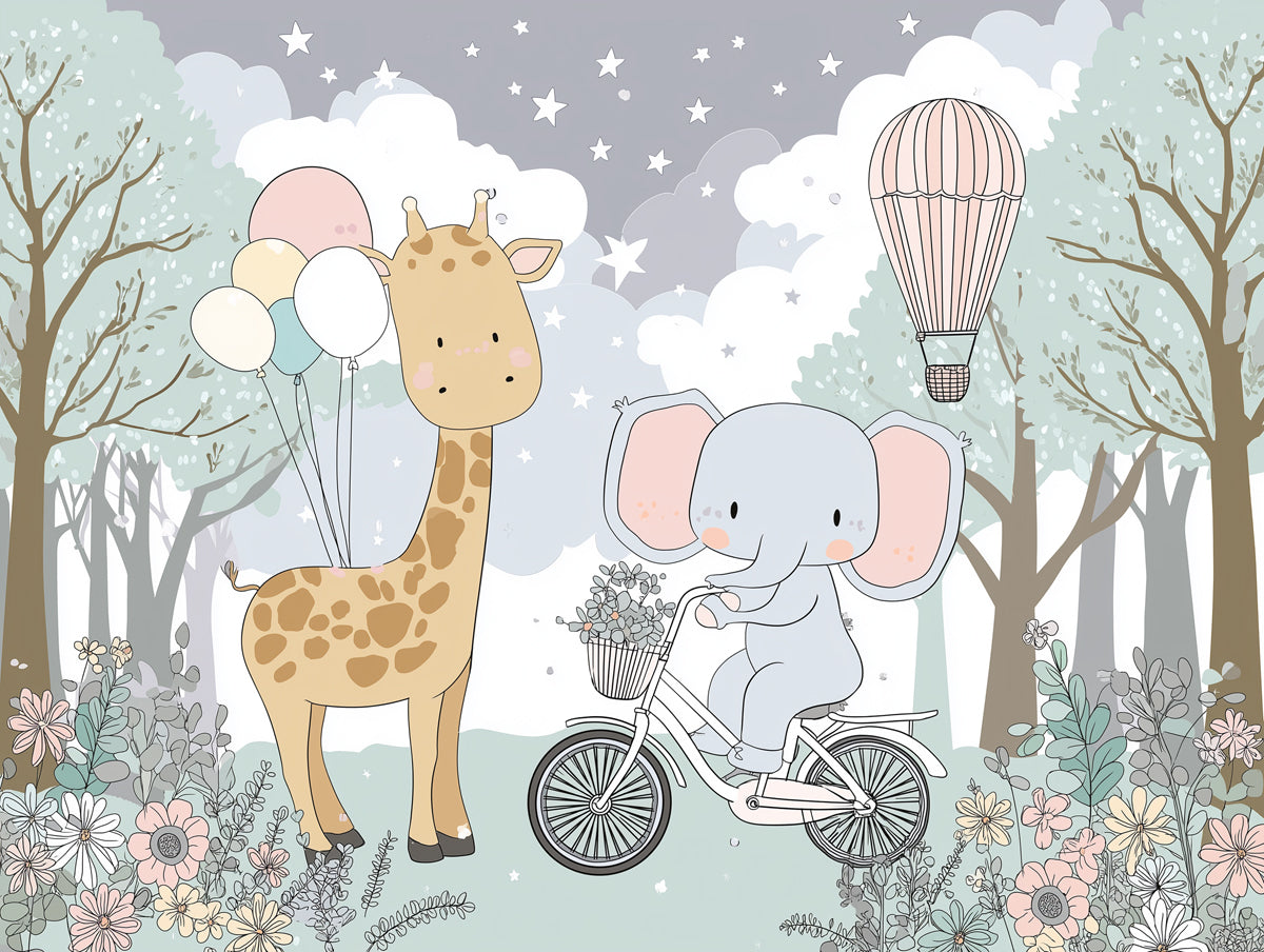 Whimsical Forest Adventure Nursery Mural | Giraffe and Elephant Kids Wallpaper