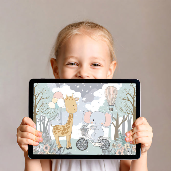 Whimsical Forest Adventure Nursery Mural | Giraffe and Elephant Kids Wallpaper