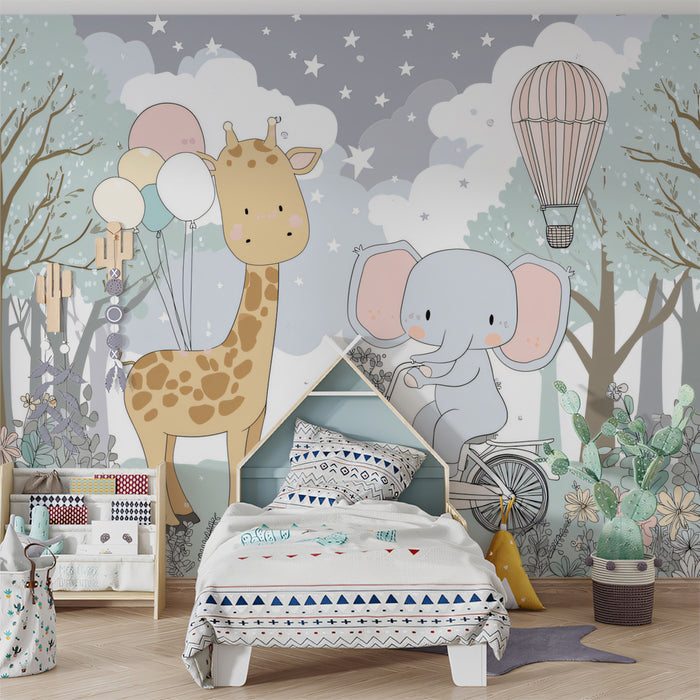 Whimsical Forest Adventure Nursery Mural | Giraffe and Elephant Kids Wallpaper