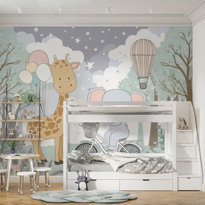 Whimsical Forest Adventure Nursery Mural | Giraffe and Elephant Kids Wallpaper
