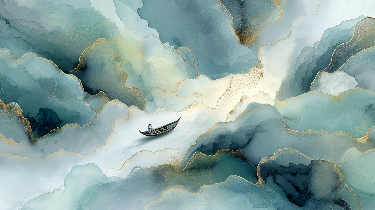 Luxury Teal Fluid Ink with Solitary Boat Mural | Gold Vein Abstract Wallpaper