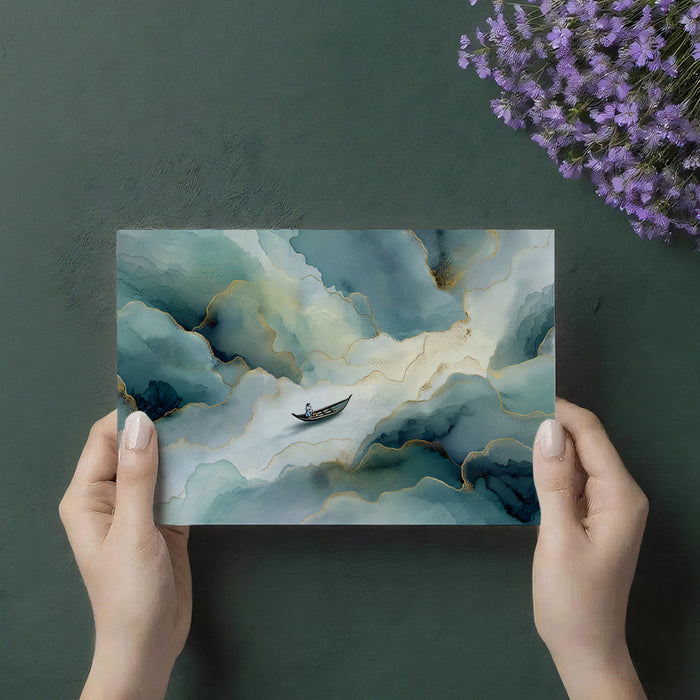 Luxury Teal Fluid Ink with Solitary Boat Mural | Gold Vein Abstract Wallpaper