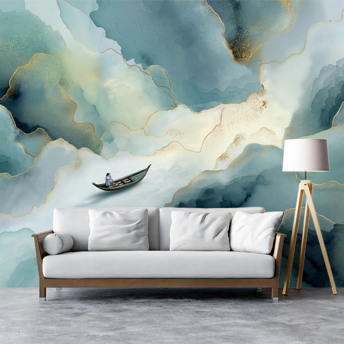 Luxury Teal Fluid Ink with Solitary Boat Mural | Gold Vein Abstract Wallpaper